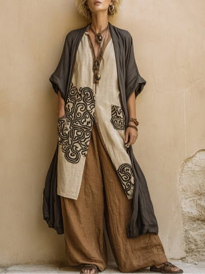 Women's gray brown 3-piece boho outfit set with cardigan and pants