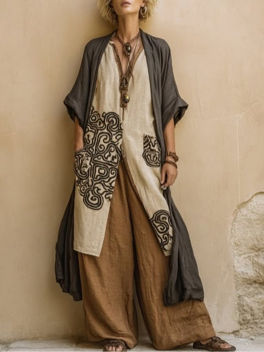 Women's gray brown 3-piece boho outfit set with cardigan and pants