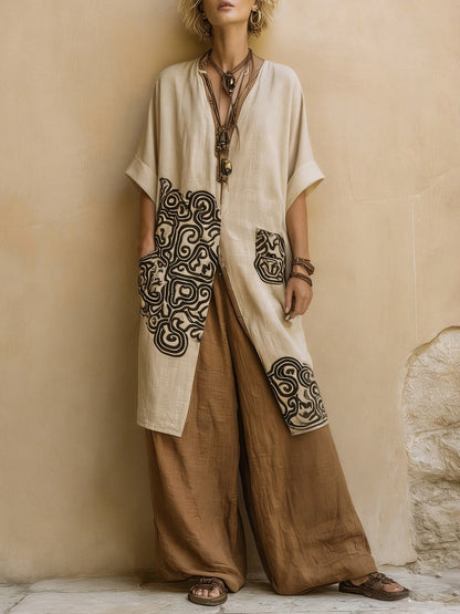 Women's gray brown 3-piece boho outfit set with cardigan and pants