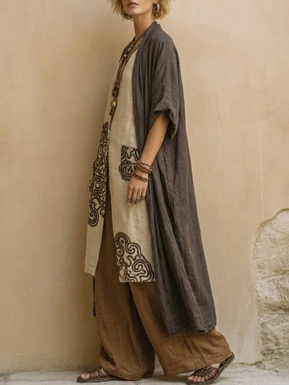 Women's gray brown 3-piece boho outfit set with cardigan and pants