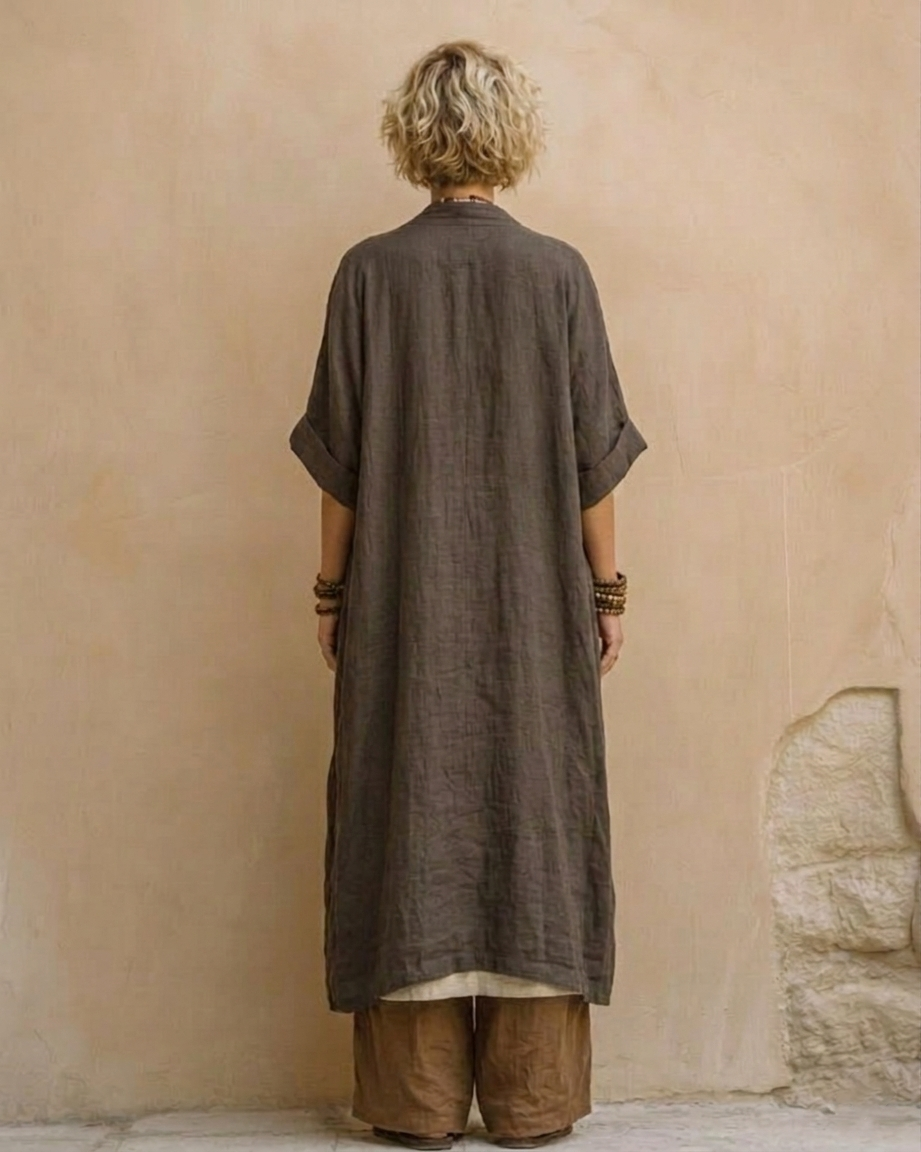 Women's gray brown 3-piece boho outfit set with cardigan and pants