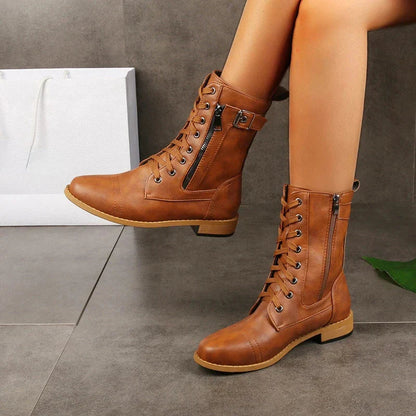Brown Faux Leather Ankle Boots with Lace-Up and Zipper