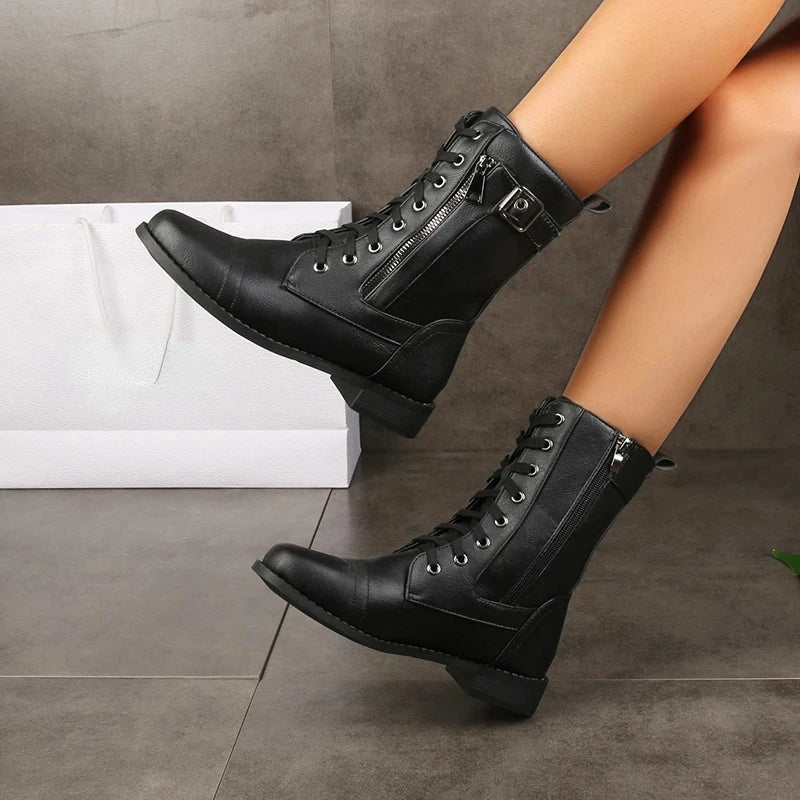 Black Faux Leather Ankle Boots with Lace-Up and Zipper