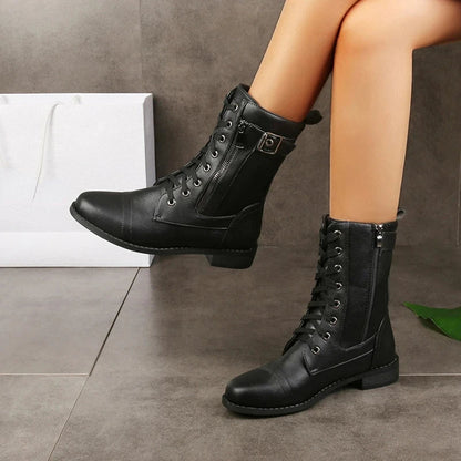 Faux Leather Ankle Boots with Lace-Up and Zipper – view 2