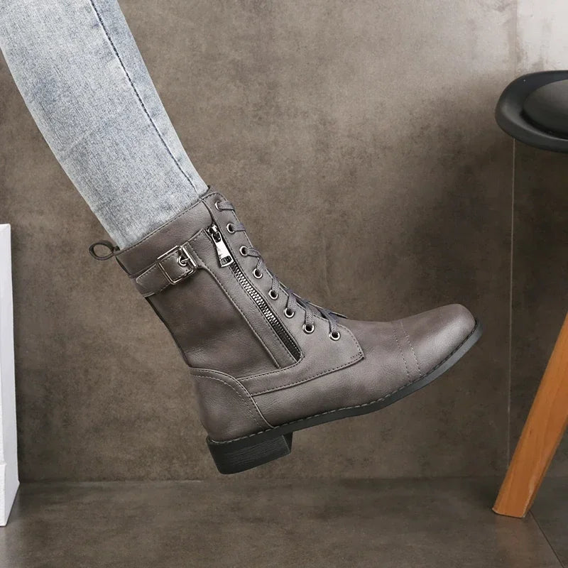 Gray Faux Leather Ankle Boots with Lace-Up and Zipper
