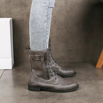 Faux Leather Ankle Boots with Lace-Up and Zipper – view 3