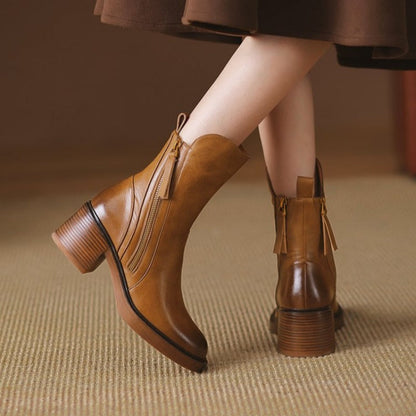Brown Synthetic Ankle Boots with Block Heel and Zipper