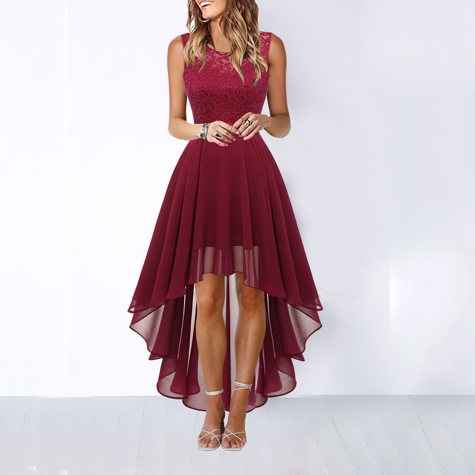 Women’s Asymmetrical High Low Evening Dress Elegant Sleeveless Flowing Party Occasion Dress 8