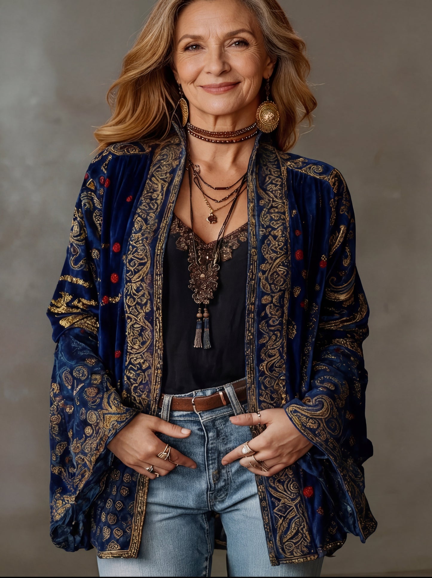 Women's bohemian kimono cardigan in navy blue