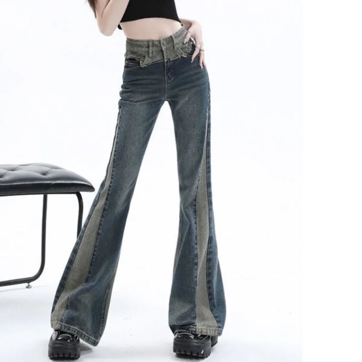 Women's blue high-waisted two-tone flare jeans