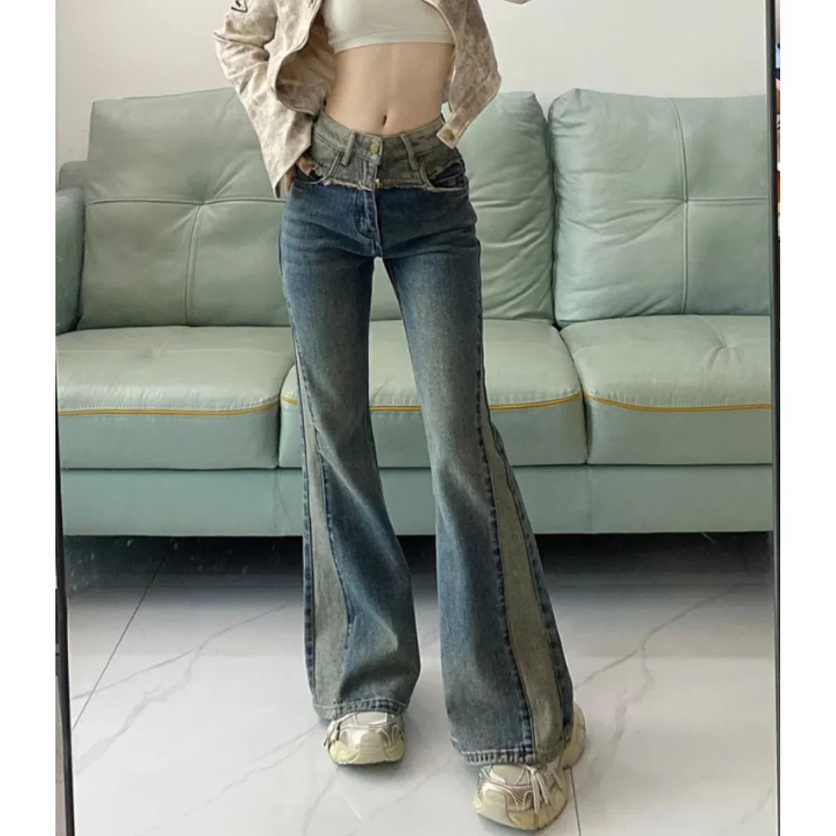 Women's blue high-waisted two-tone flare jeans