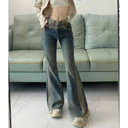 Women's blue high-waisted two-tone flare jeans