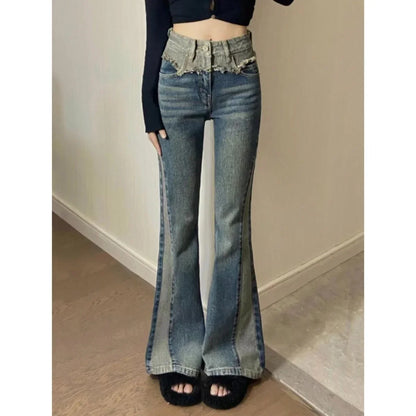 Women's blue high-waisted two-tone flare jeans