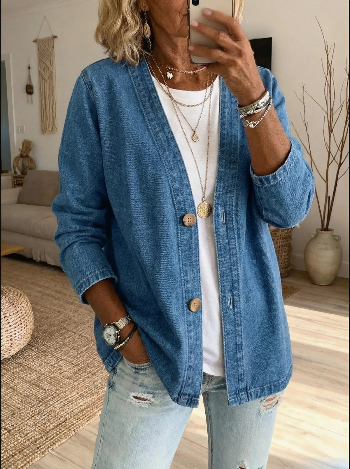 Women's denim cardigan in blue denim
