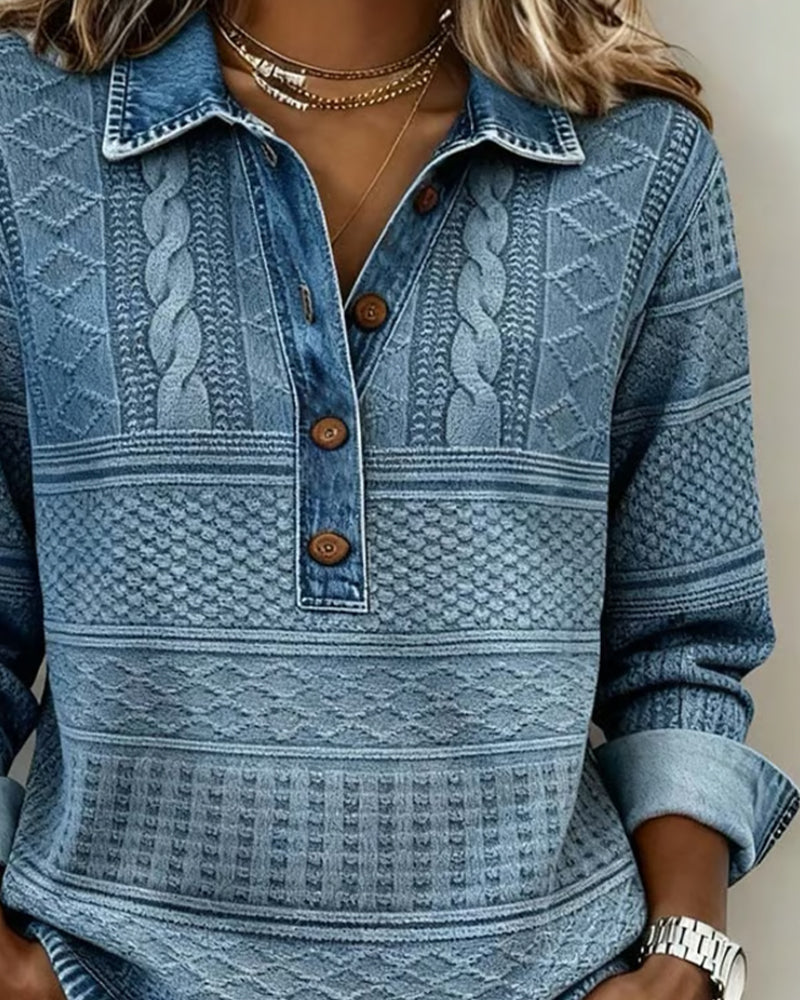 Women's cable knit button-up sweater in blue