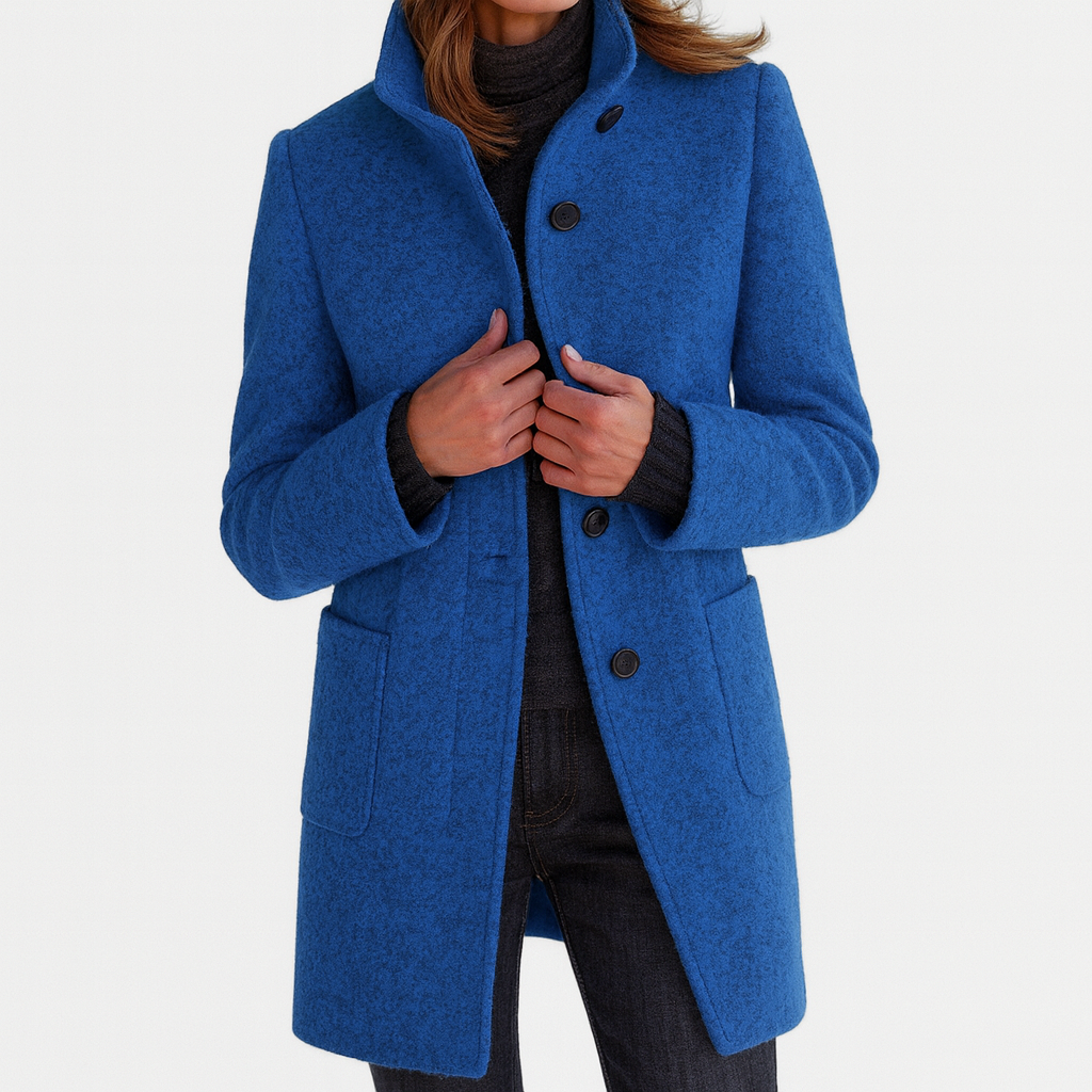 Women's gray long coat with stand collar and button front
