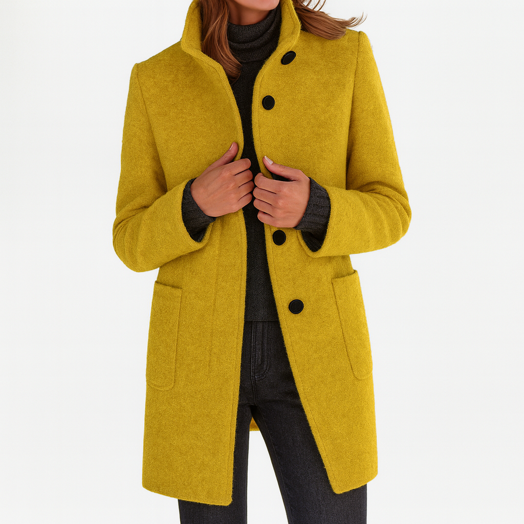Women's blue long coat with stand collar and button front