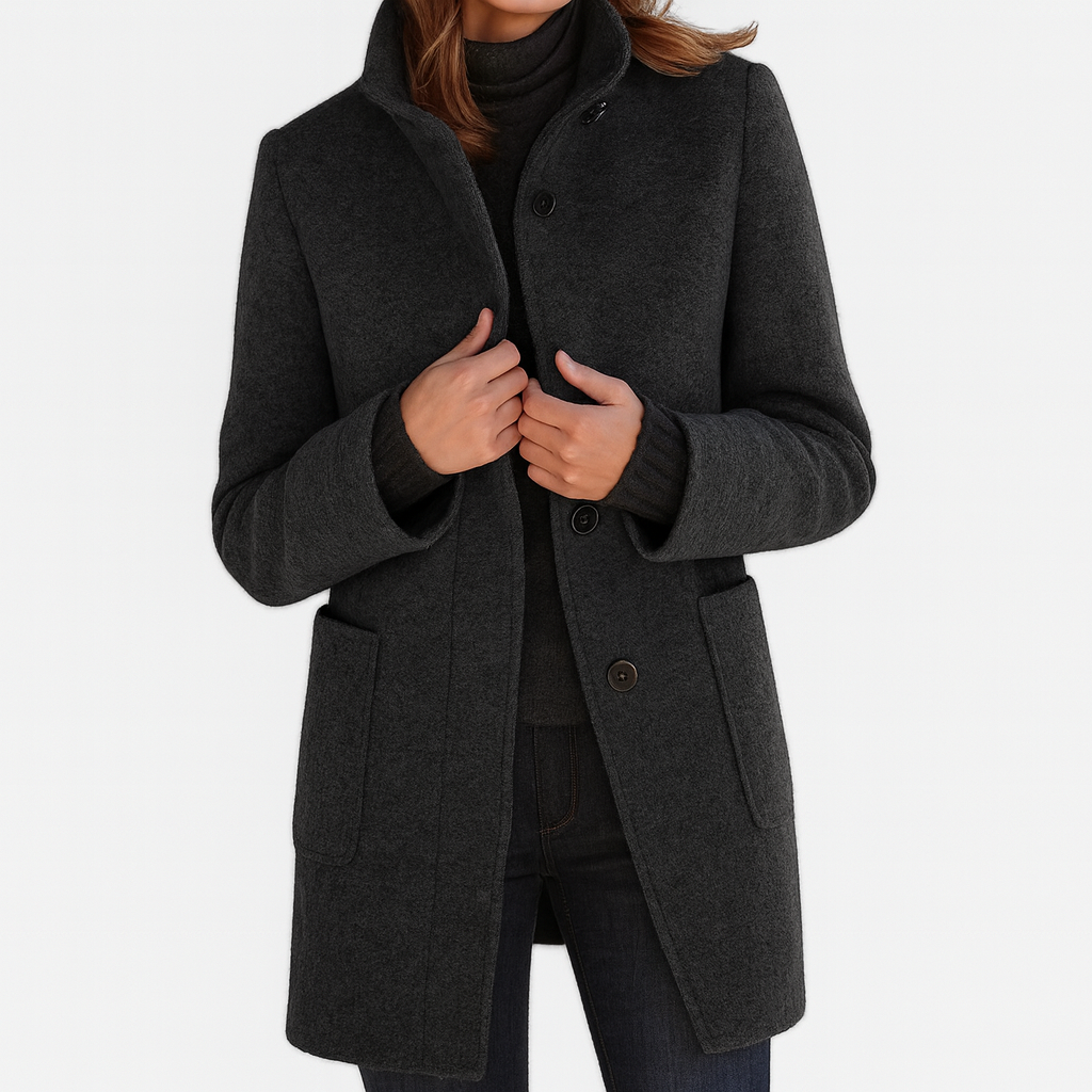 Women's gray long coat with stand collar and button front