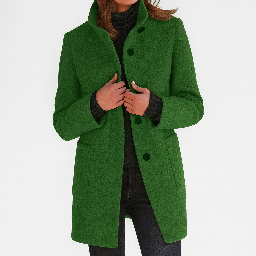 Women's gray long coat with stand collar and button front