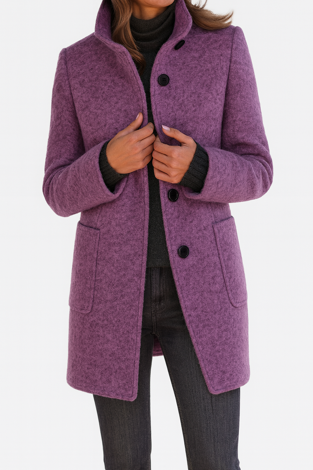 Women's gray long coat with stand collar and button front