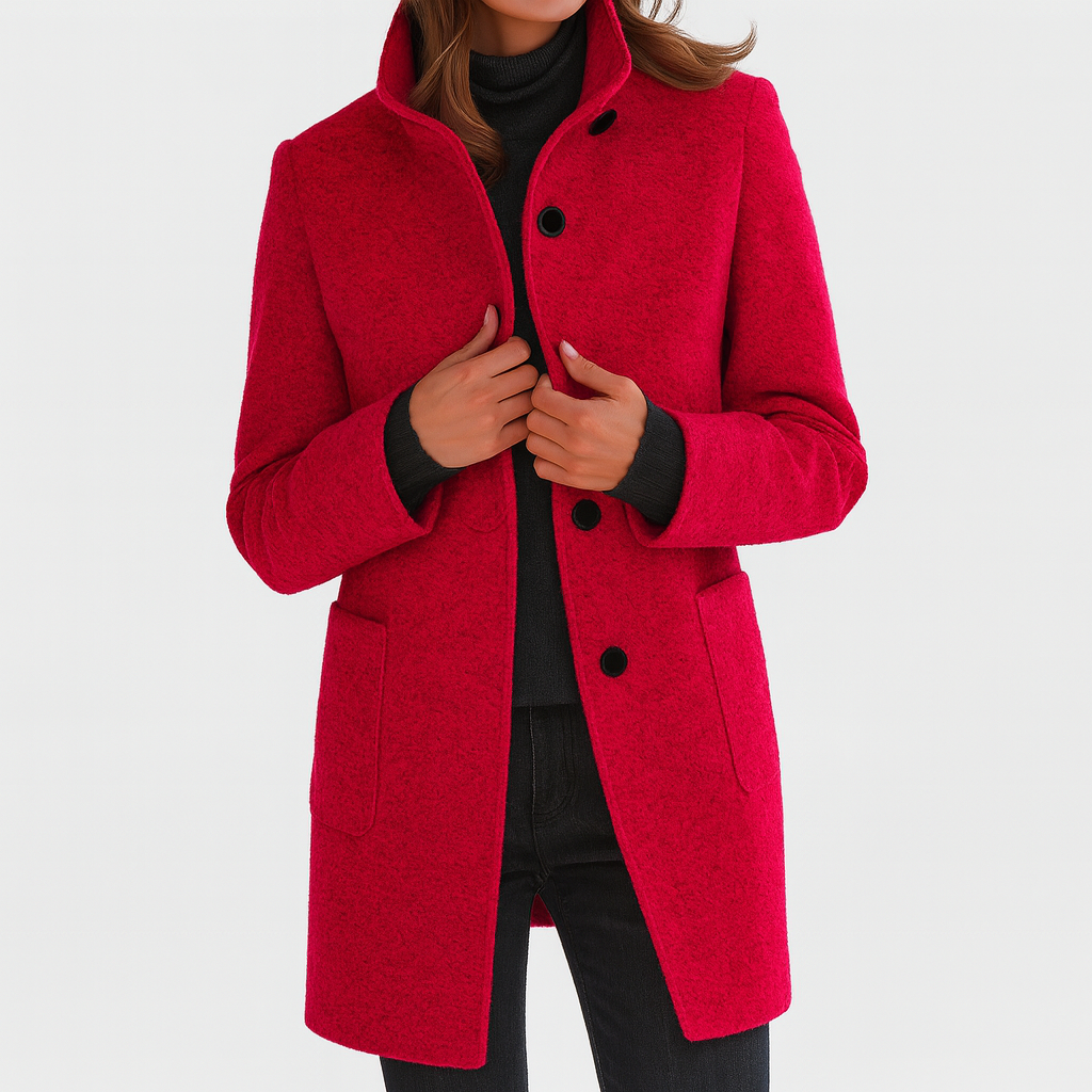 Women's gray long coat with stand collar and button front