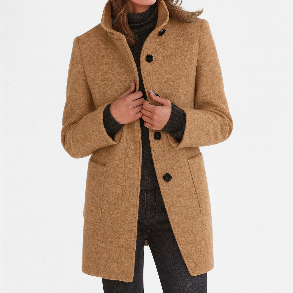 Women's gray long coat with stand collar and button front