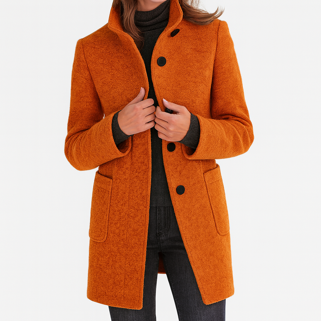 Women's gray long coat with stand collar and button front