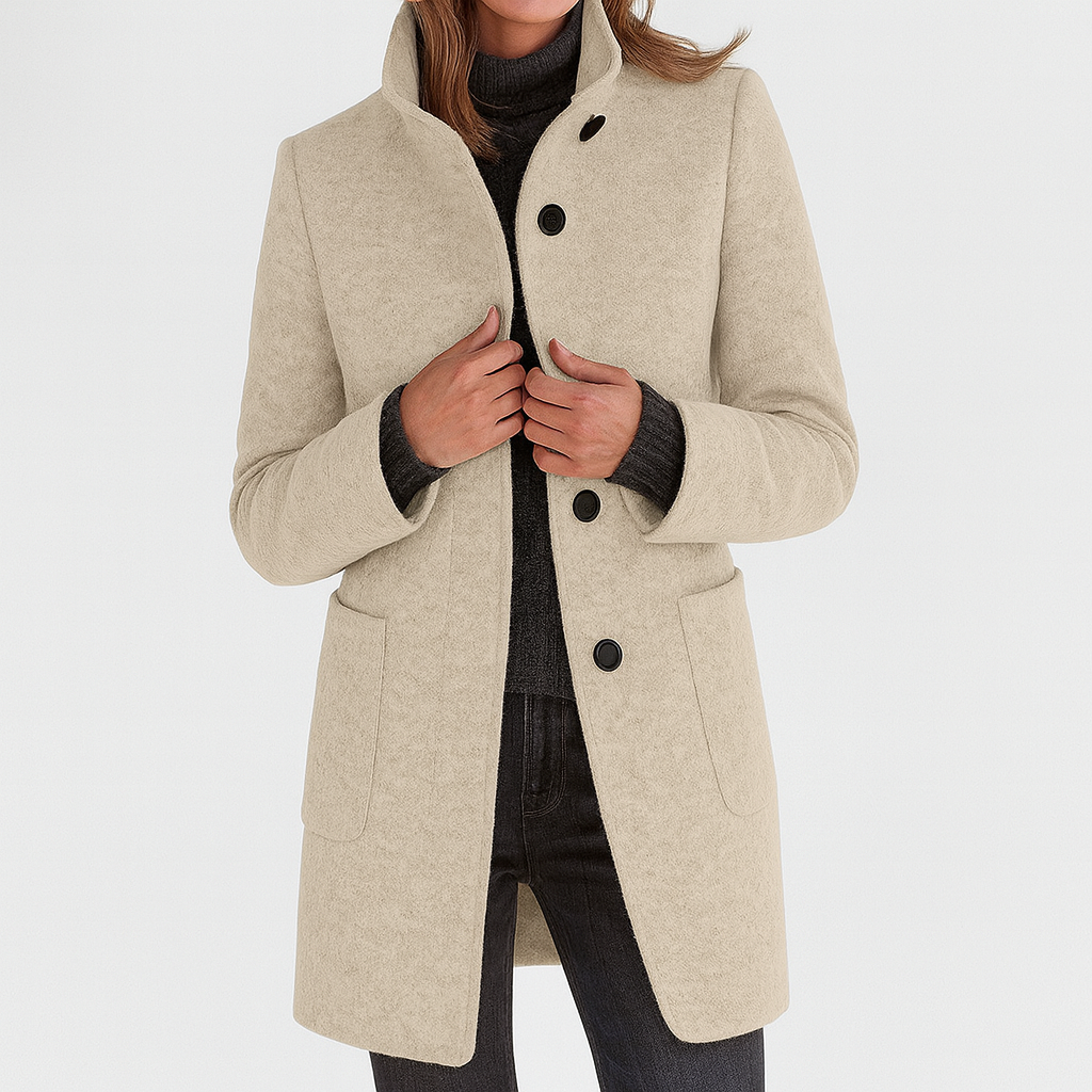 Women's blue long coat with stand collar and button front