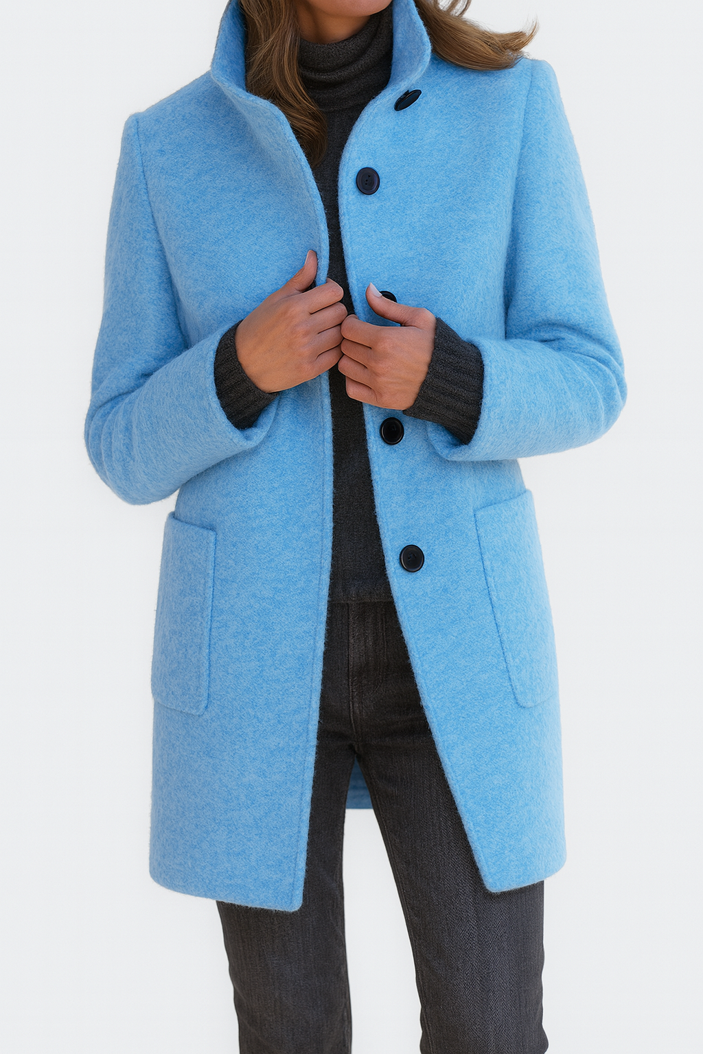 Women's blue long coat with stand collar and button front
