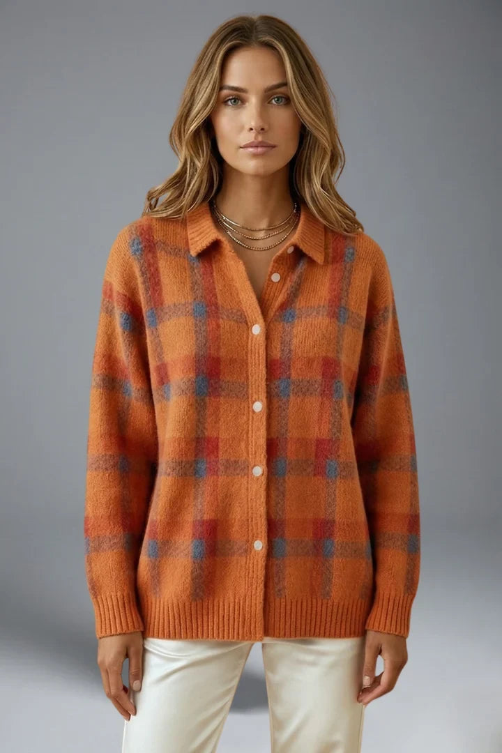 Women's plaid cardigan with pointed collar
