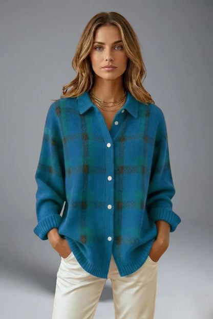 Women's blue plaid cardigan with pointed collar