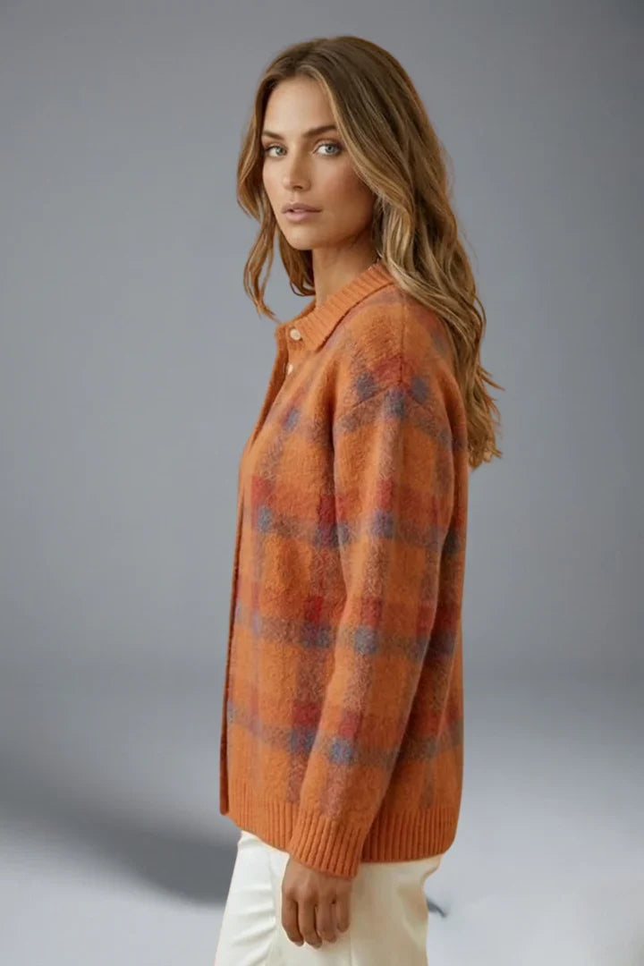Women's plaid cardigan with pointed collar