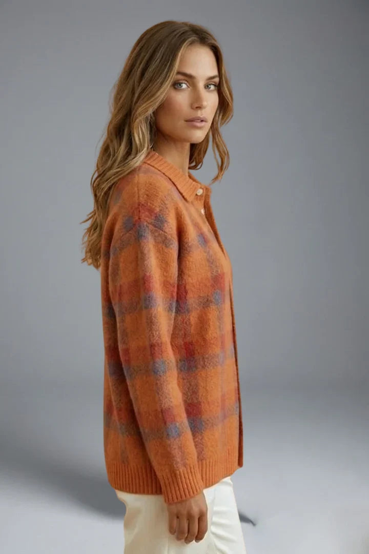 Women's plaid cardigan with pointed collar