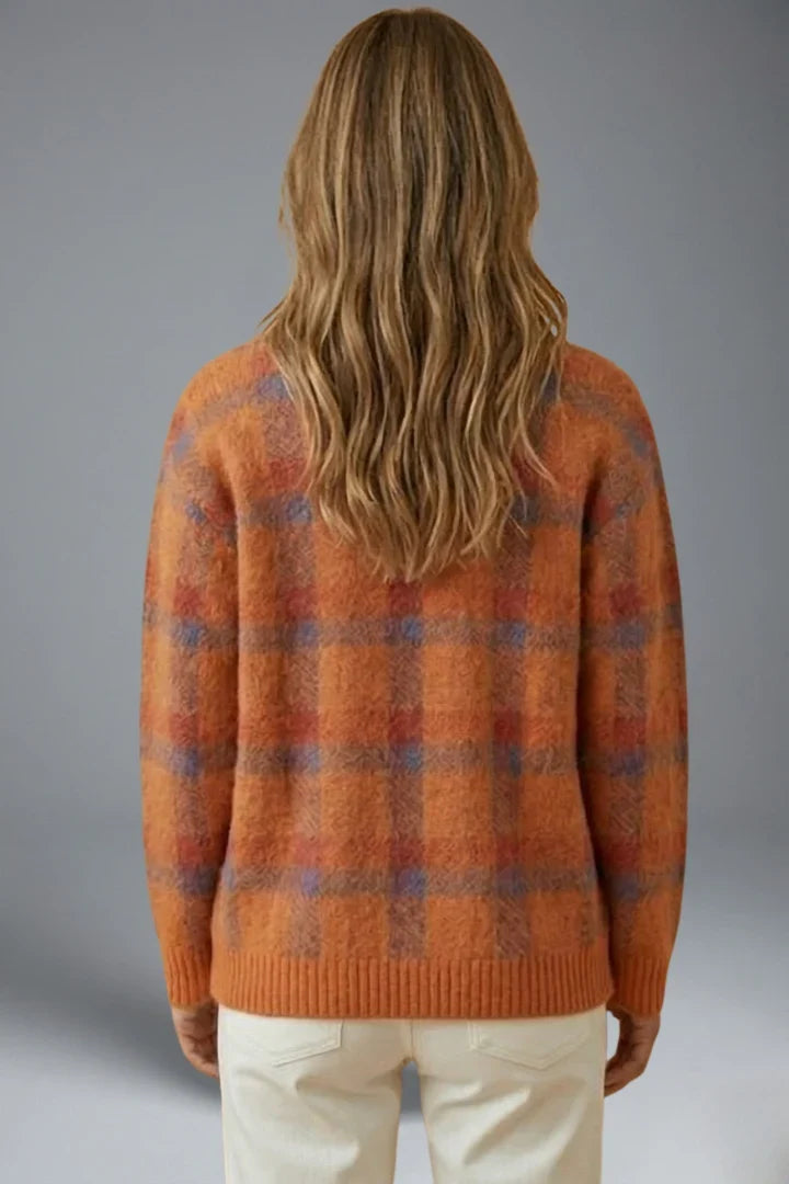 Women's plaid cardigan with pointed collar