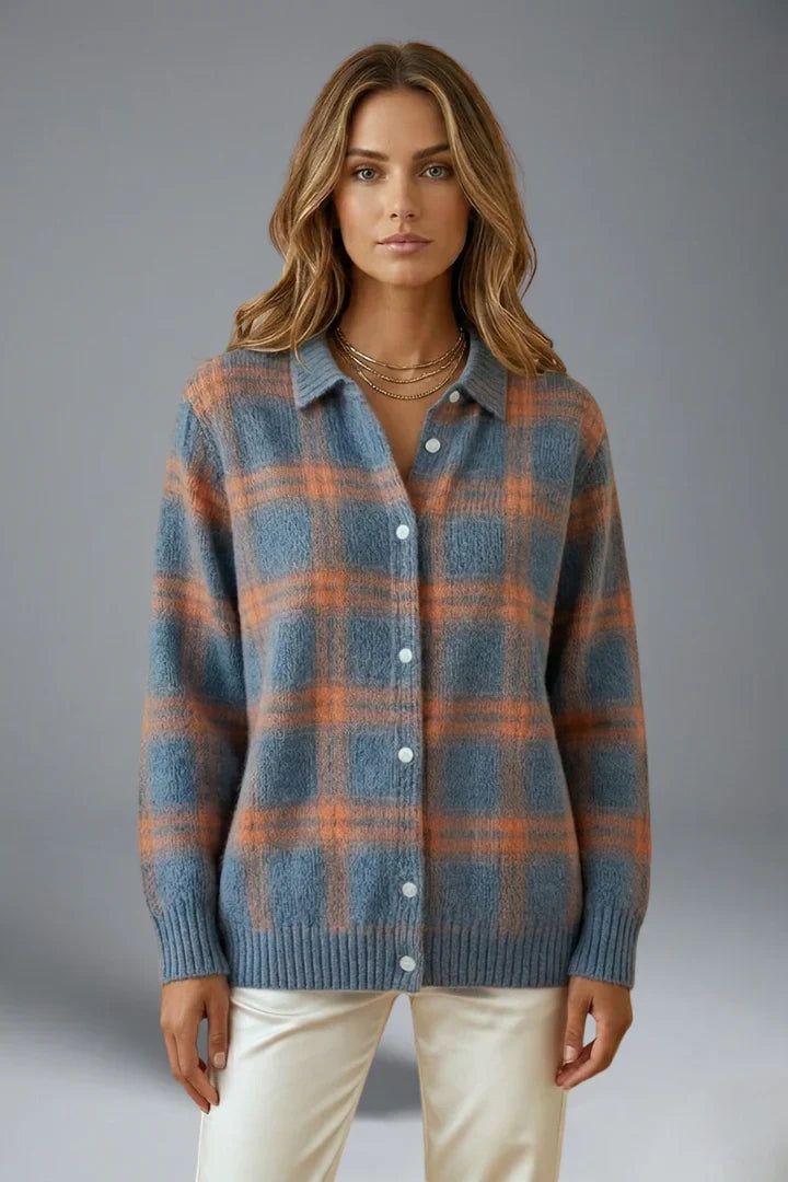 Women's blue orange plaid cardigan with pointed collar