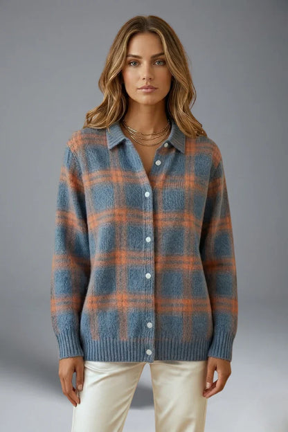 Women's blue orange plaid cardigan with pointed collar