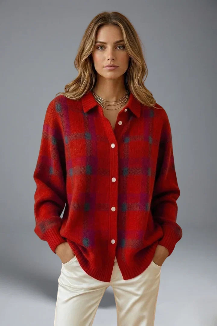Women's red plaid cardigan with pointed collar