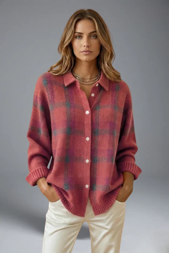 Women's rose plaid cardigan with pointed collar