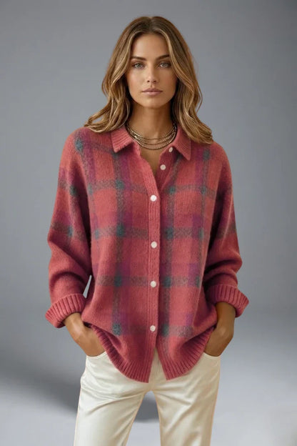 Women's rose plaid cardigan with pointed collar