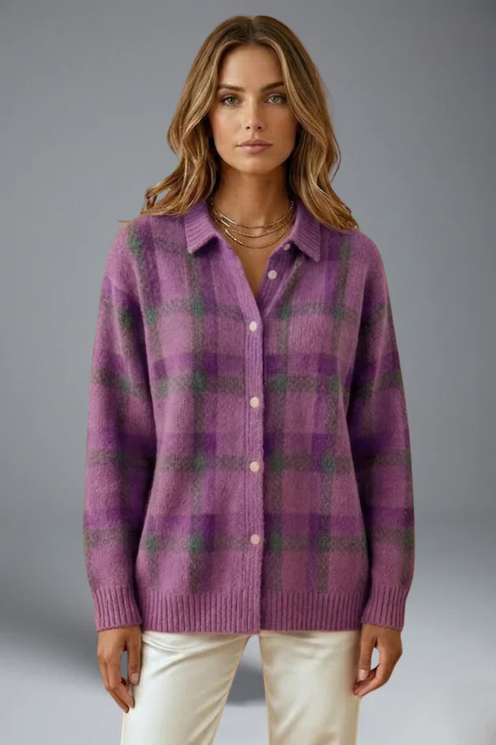 Women's purple plaid cardigan with pointed collar