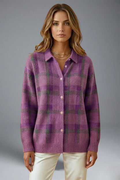 Women's purple plaid cardigan with pointed collar