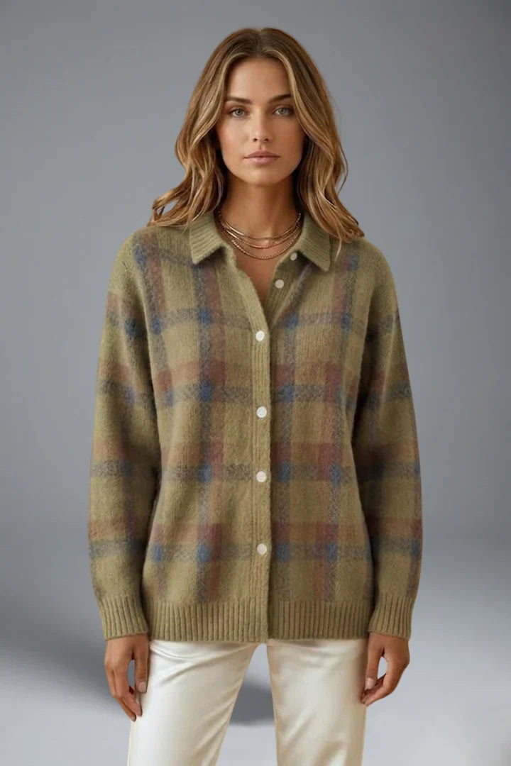 Women's khaki plaid cardigan with pointed collar