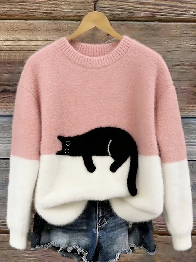 Women's cat print pullover sweater in pink