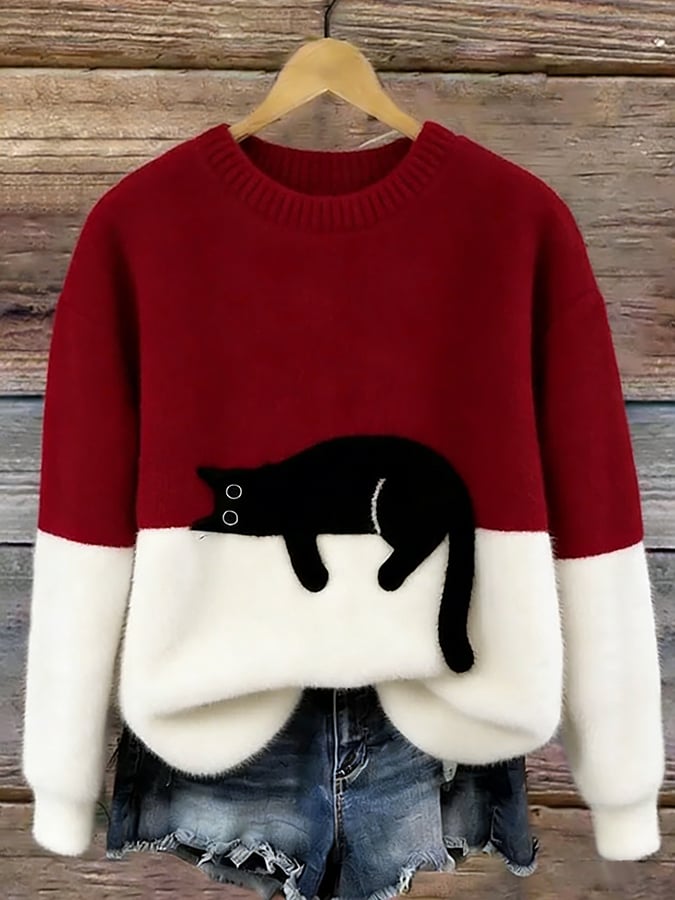Women's cat print pullover sweater in red