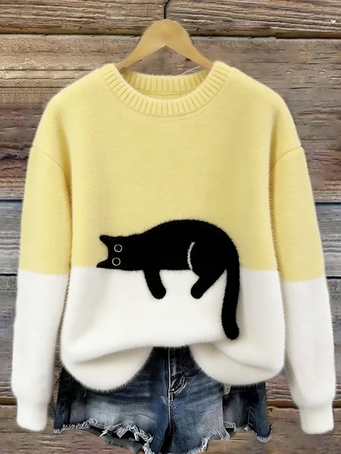 Women's cat print pullover sweater in yellow