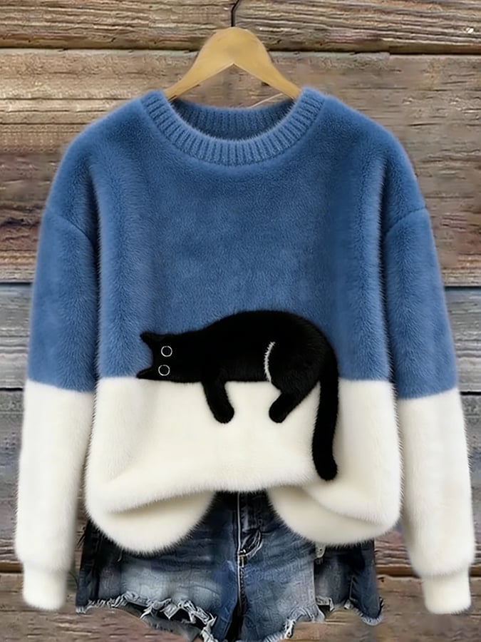 Women's cat print pullover sweater in blue