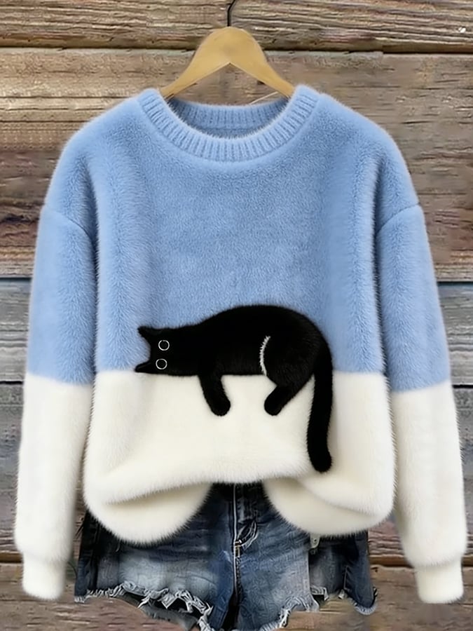 Women's cat print pullover sweater in blue