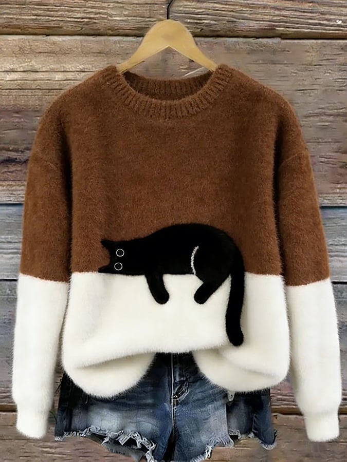Women's cat print pullover sweater in blue