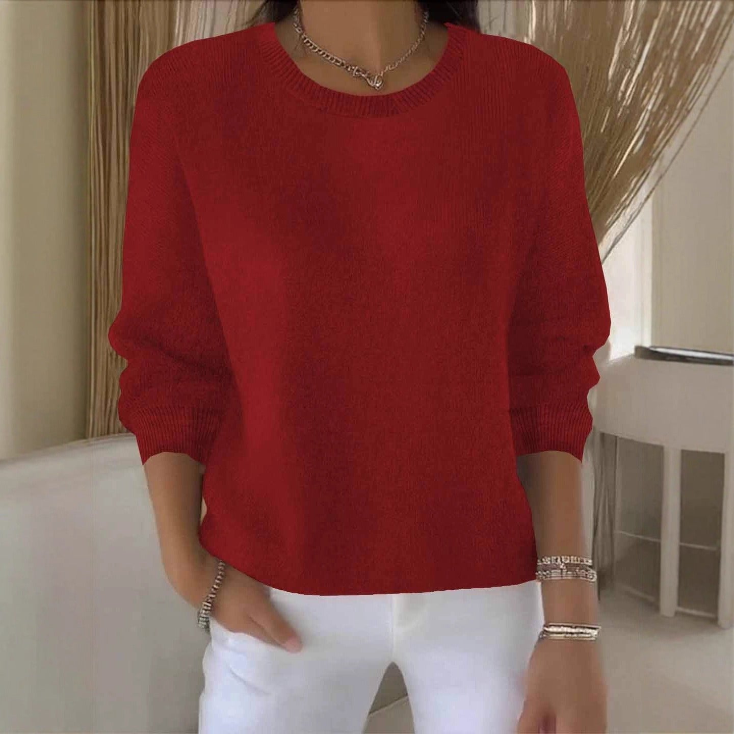 Women's white crew neck soft knit sweater