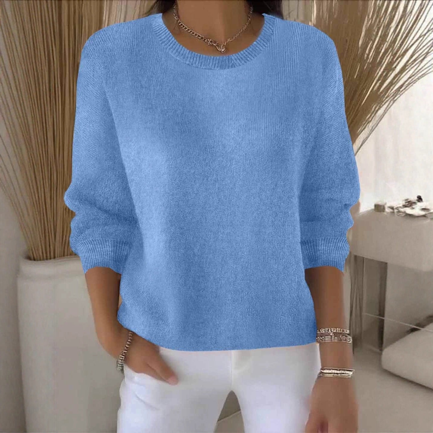 Women's taupe crew neck soft knit sweater